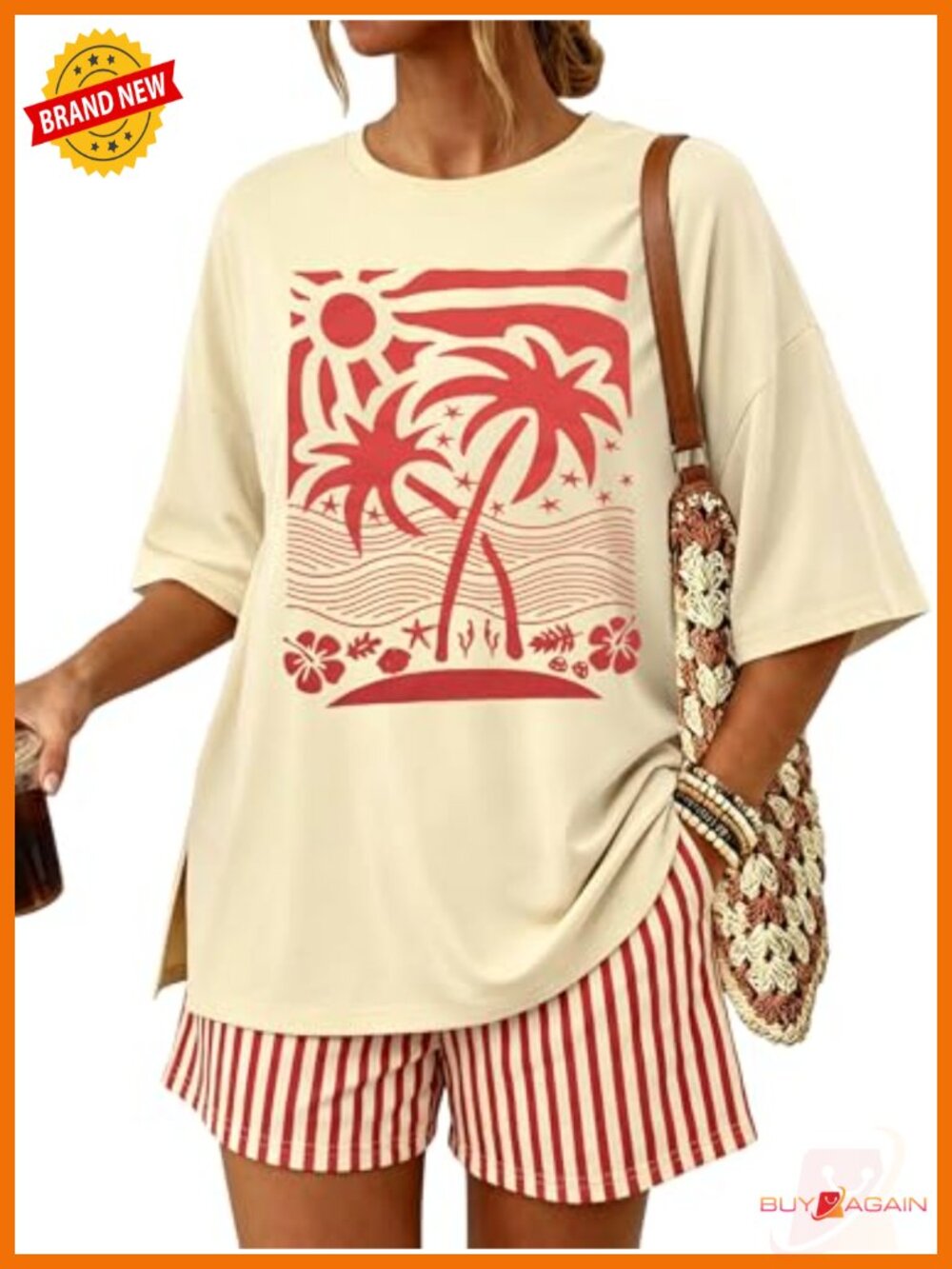 Palm Beach 2pc Summer Set Oversized Tee Striped Shorts Pockets